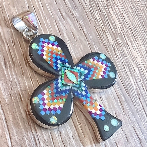 Galaxy Native American Inlay Natural Gemstone Sterling Silver Pendant - Picture 6 of 8